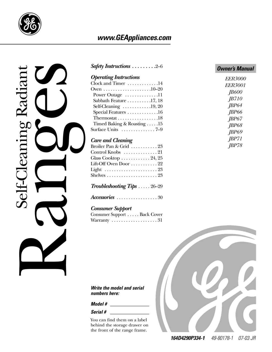 GE JBP78, JBP66, JBP69 owner manual RangesSelf-Cleaning Radiant, Write the model and serial numbers here Model # Serial # 