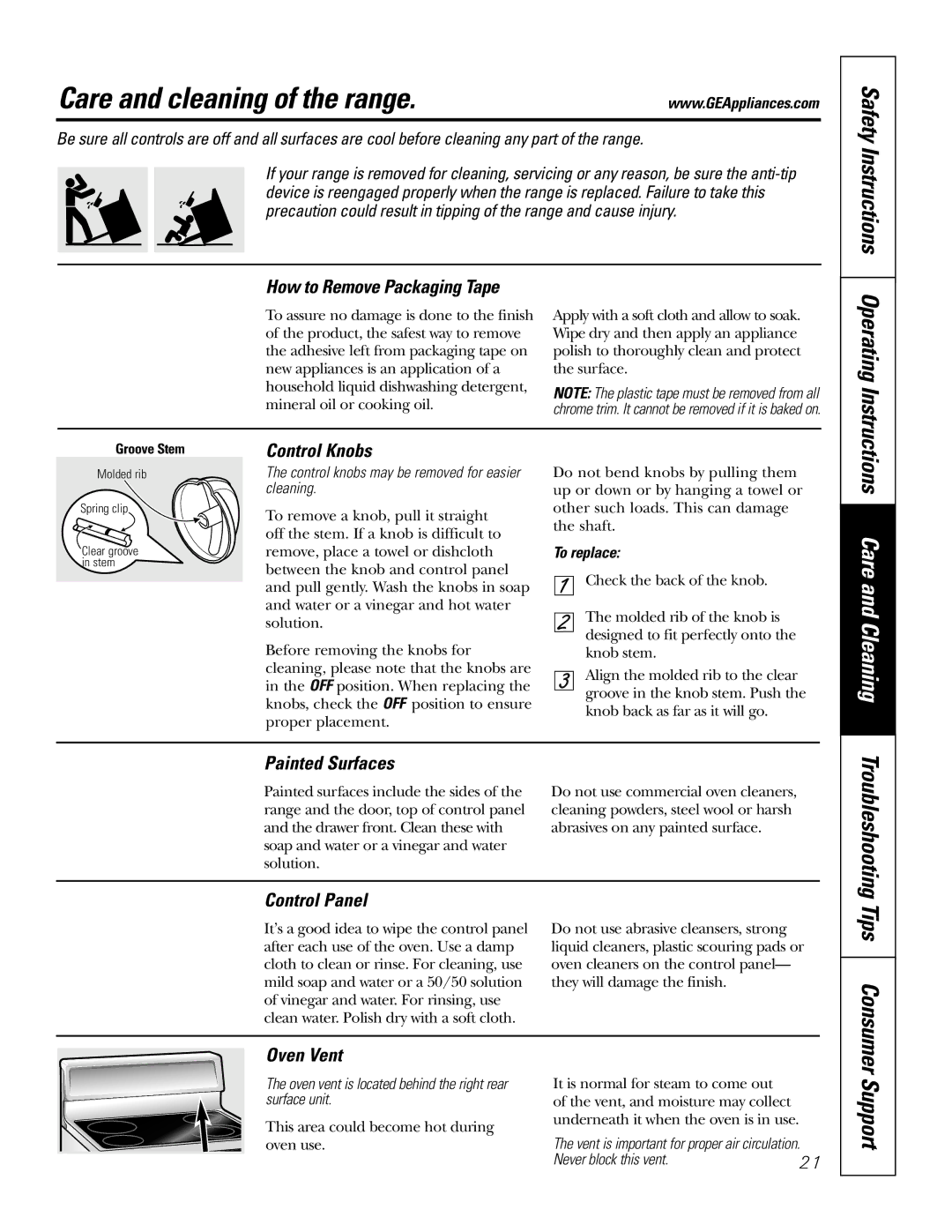 GE JBP78, JBP66, JBP69, JBP68, JBP67 owner manual Care and cleaning of the range, Care and Cleaning, Tips Consumer 