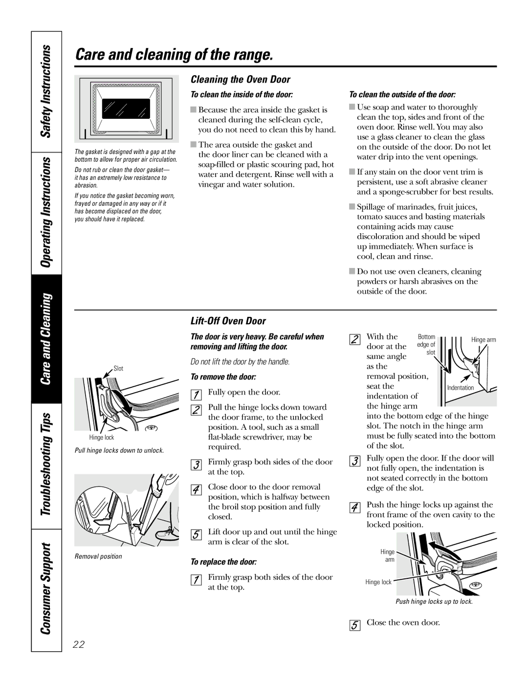 GE JBP69, JBP66, JBP78, JBP68 Cleaning Operating Instructions Safety, Tips Care, Cleaning the Oven Door, Lift-Off Oven Door 