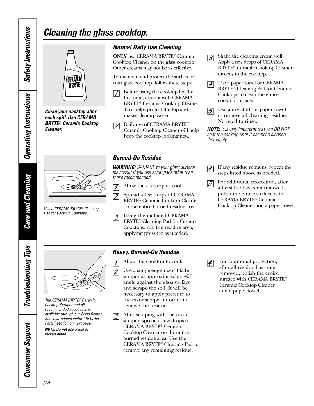 GE JBP67, JBP66 Cleaning the glass cooktop, Operating Instructions Safety, Normal Daily Use Cleaning, Burned-On Residue 