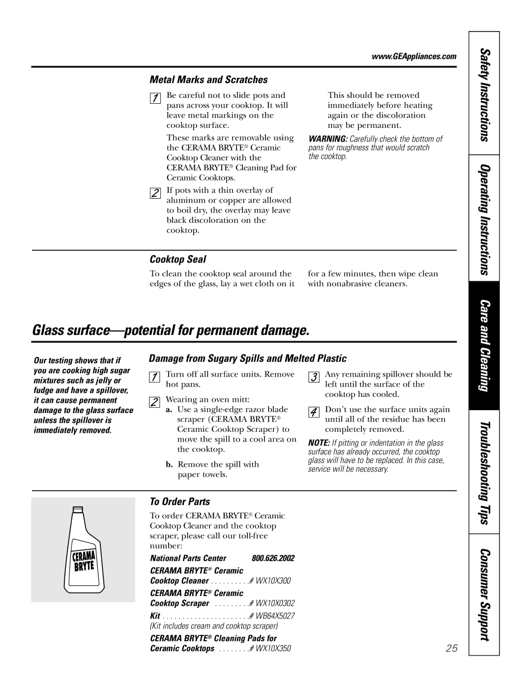 GE JBP66 Care, Metal Marks and Scratches, Cooktop Seal, Damage from Sugary Spills and Melted Plastic, To Order Parts 