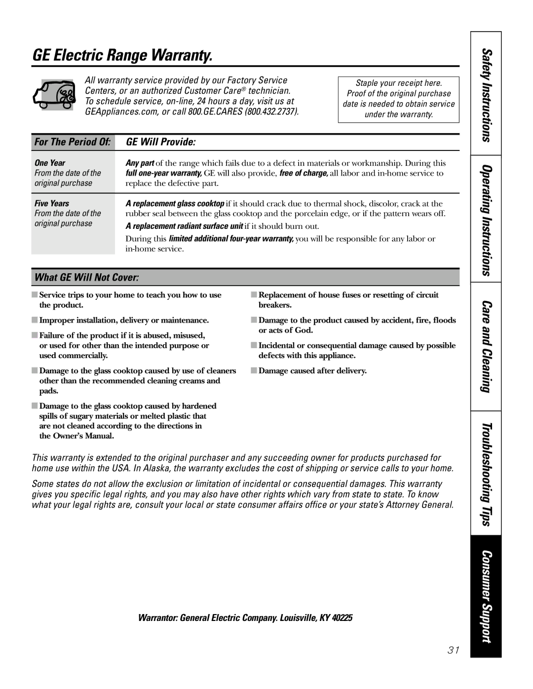 GE JBP78 GE Electric Range Warranty, Safety Instructions Operating Instructions, Troubleshooting Tips Consumer Support 