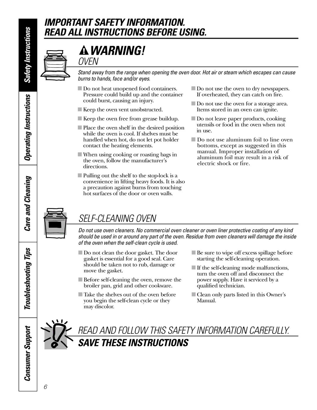 GE JBP78, JBP66, JBP69, JBP68, JBP67 owner manual Safety Instructions, Care, Troubleshooting Tips 