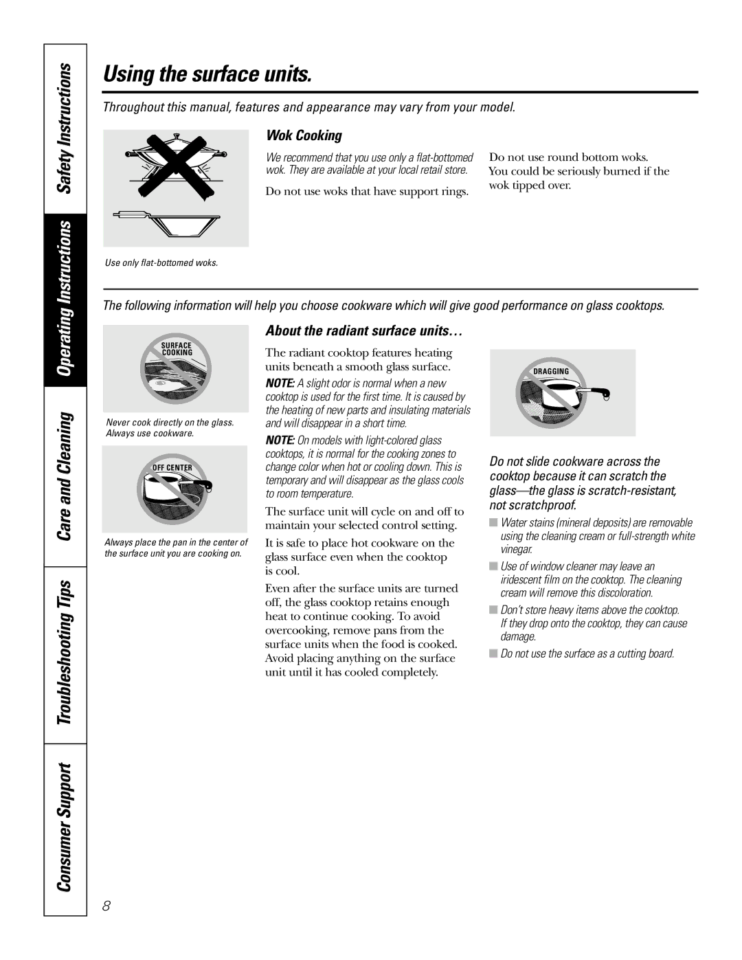 GE JBP68, JBP66, JBP78, JBP69, JBP67 Instructions Safety Instructions, Wok Cooking, About the radiant surface units… 