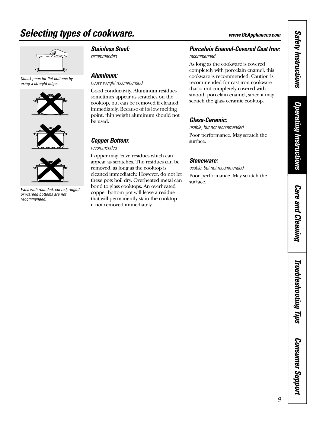 GE JBP67, JBP66, JBP78, JBP69, JBP68 owner manual Selecting types of cookware 