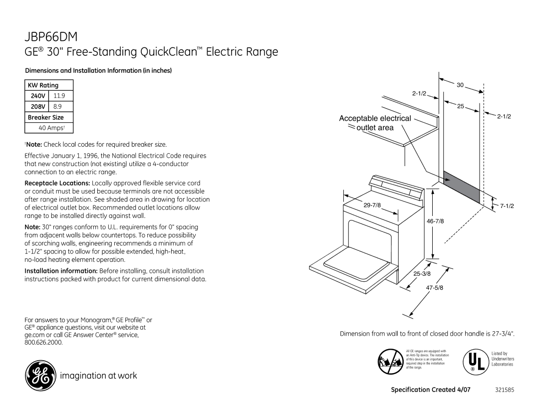 GE JBP66DM installation instructions GE 30 Free-Standing QuickClean Electric Range, Acceptable electrical Outlet area 