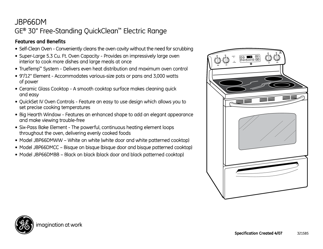 GE JBP66DM installation instructions GE 30 Free-Standing QuickClean Electric Range, Features and Benefits 