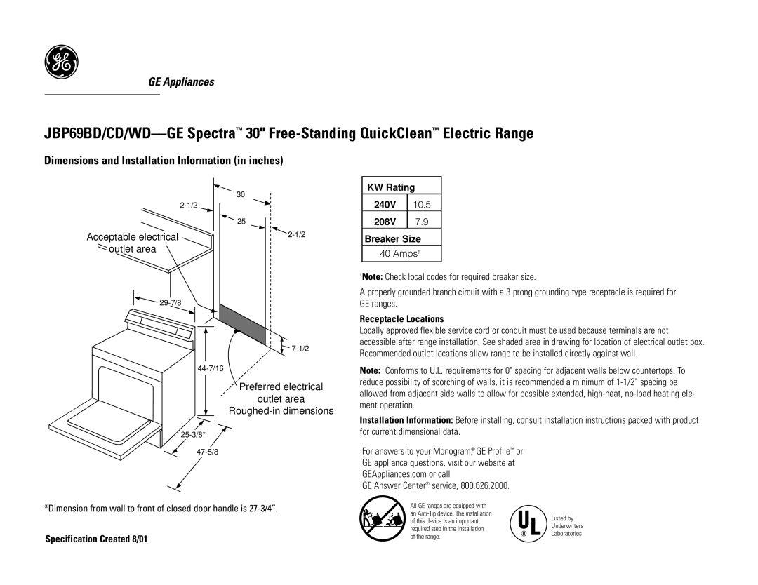 GE JBP69WDGE, JBP69BD dimensions Dimensions and Installation Information in inches, KW Rating 240V 10.5 208V Breaker Size 