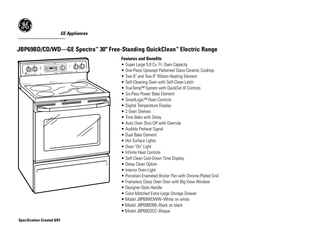 GE JBP69CD, JBP69BD, JBP69WDGE dimensions Features and Benefits 