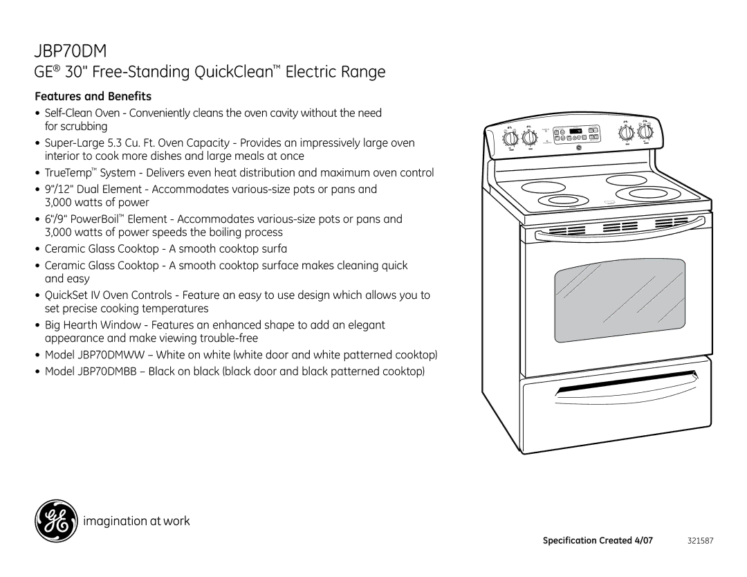 GE JBP70DM installation instructions Features and Benefits 