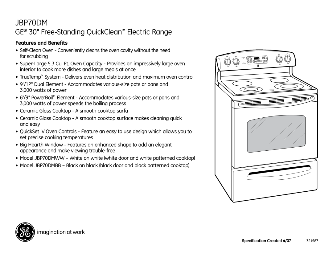 GE JBP70DM installation instructions GE 30 Free-Standing QuickClean Electric Range, Features and Benefits 