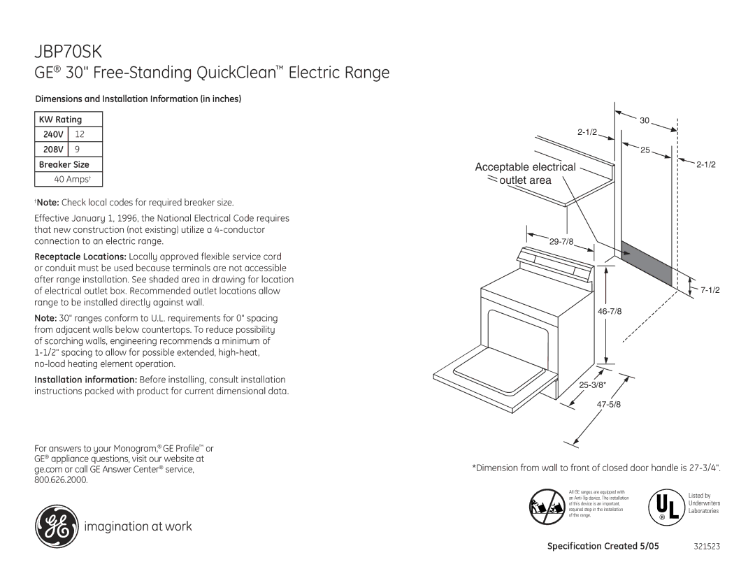 GE JBP70SK installation instructions GE 30 Free-Standing QuickClean Electric Range, Acceptable electrical outlet area 