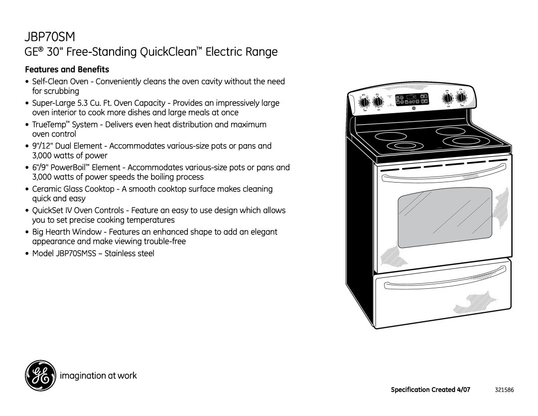 GE JBP70SM installation instructions GE 30 Free-Standing QuickClean Electric Range, Features and Benefits 