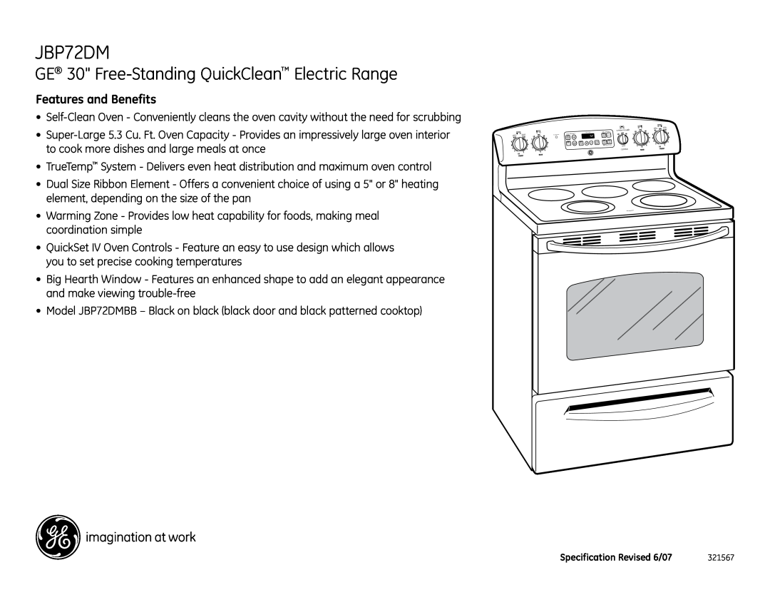 GE JBP72DM installation instructions GE 30 Free-Standing QuickClean Electric Range, Features and Benefits 