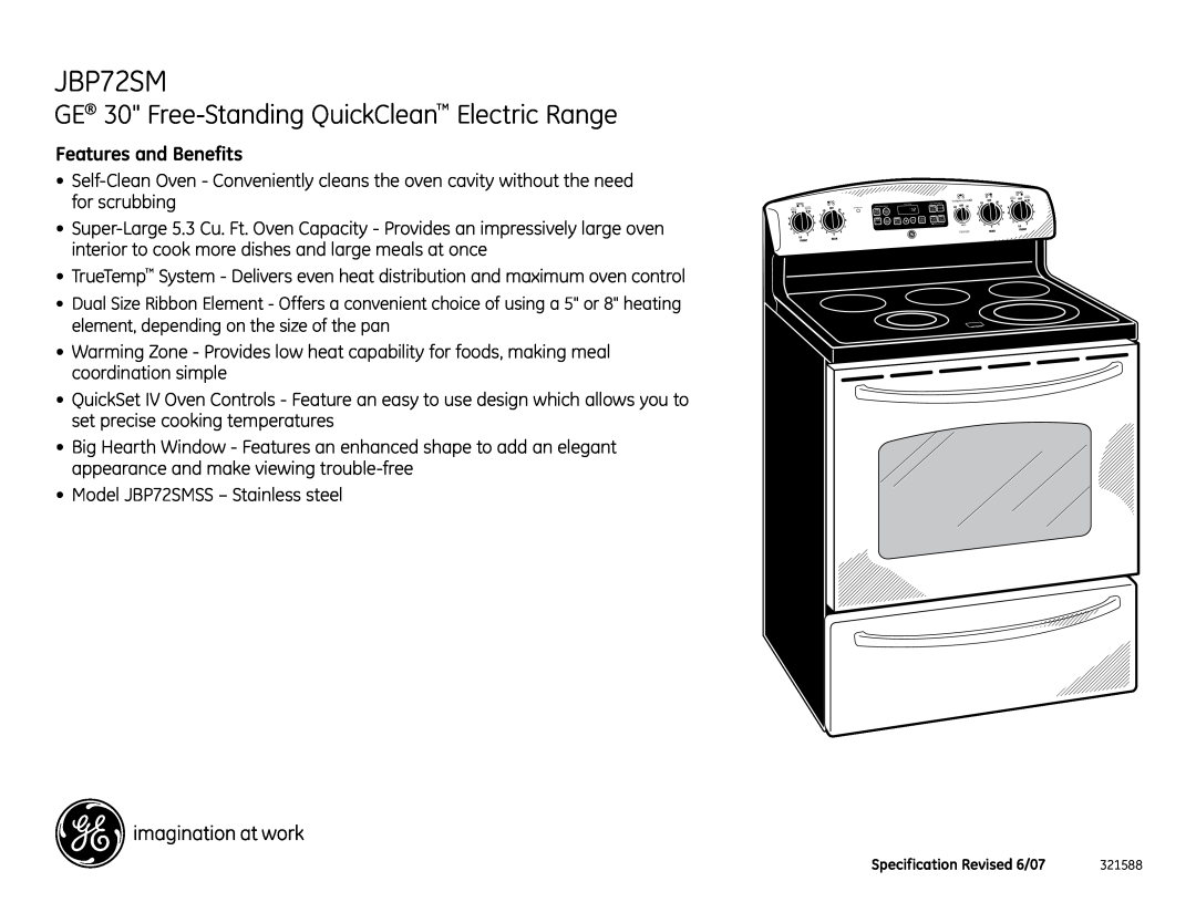 GE JBP72SMSS installation instructions GE 30 Free-Standing QuickClean Electric Range, Features and Benefits 