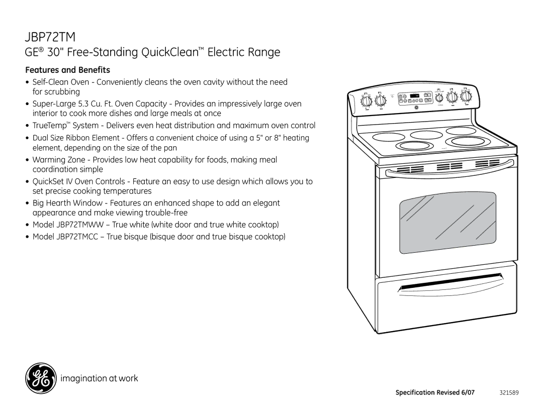 GE JBP72TM installation instructions Features and Benefits 