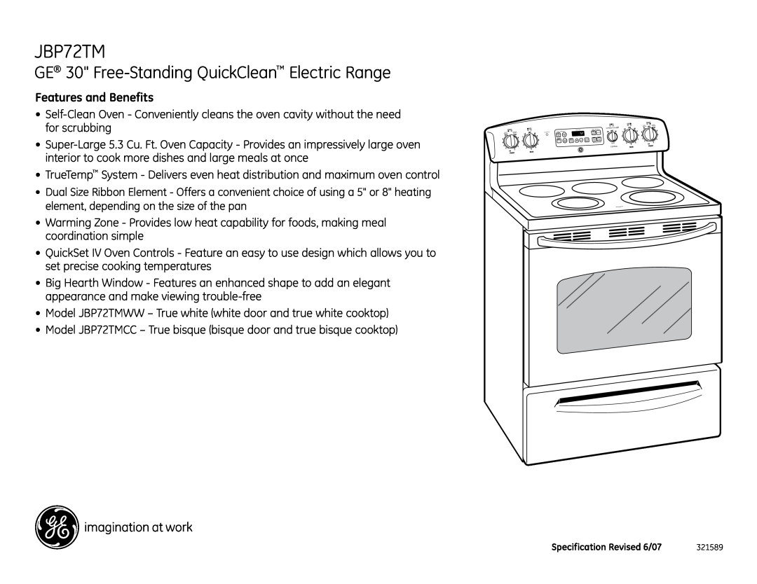 GE JBP72TM installation instructions GE 30 Free-Standing QuickClean Electric Range, Features and Benefits 