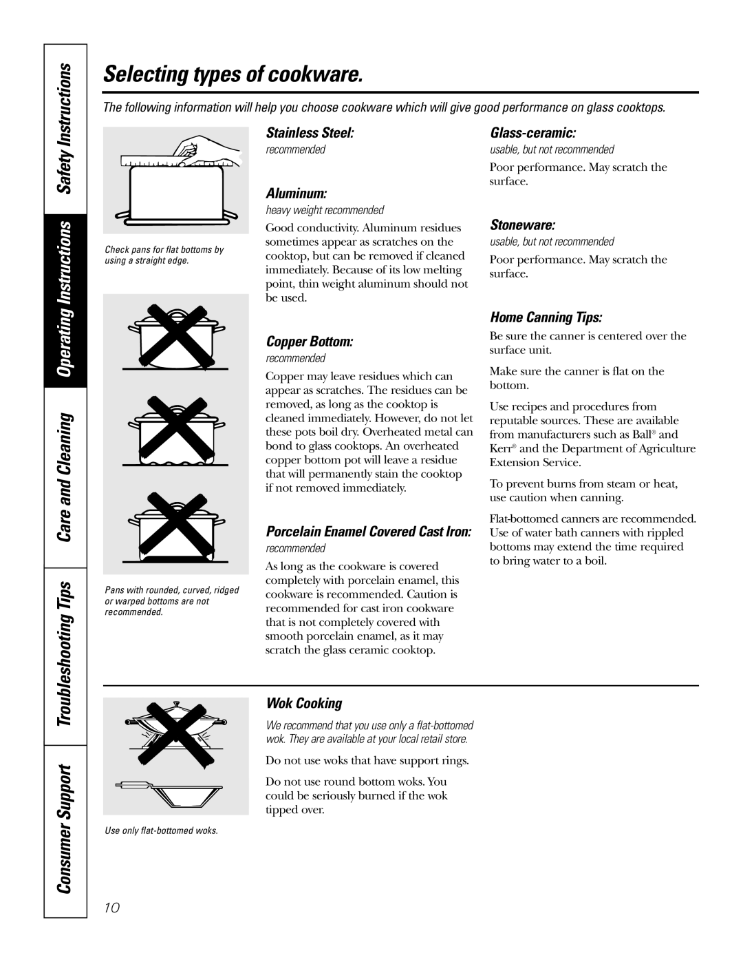 GE JBP74 owner manual Selecting types of cookware 