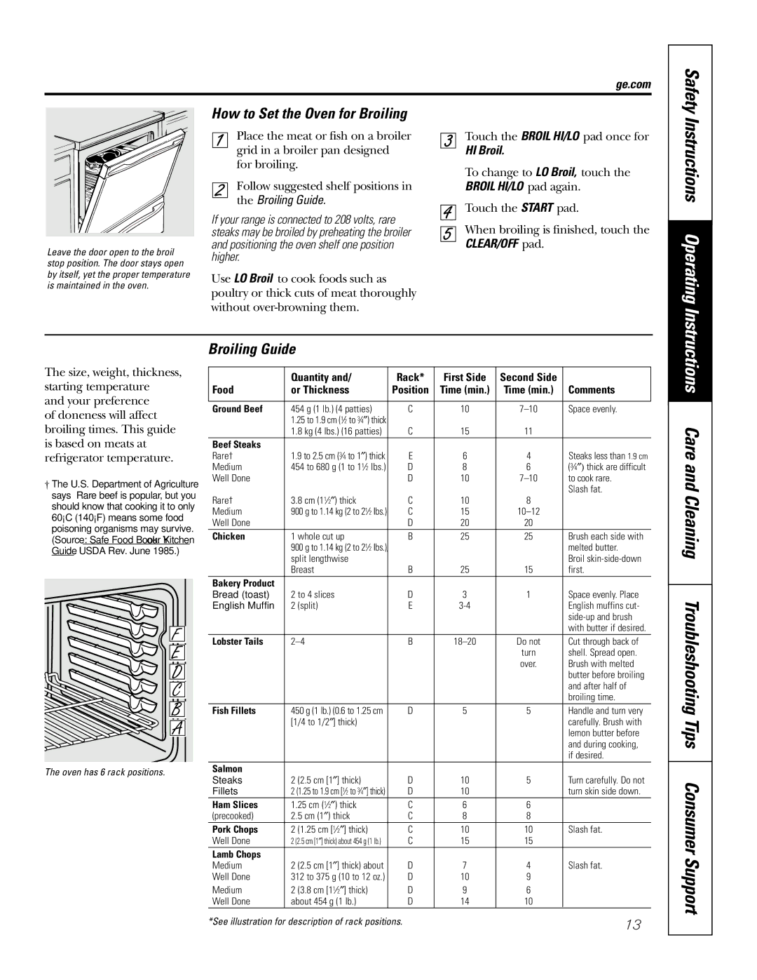 GE JBP74 owner manual Instructions Operating, How to Set the Oven for Broiling, Broiling Guide, HI Broil 