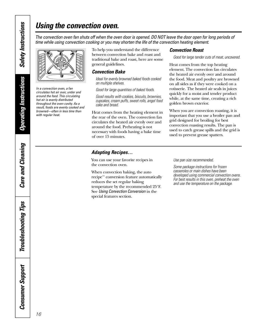 GE JBP74 owner manual Using the convection oven, Convection Bake, Convection Roast, Adapting Recipes… 