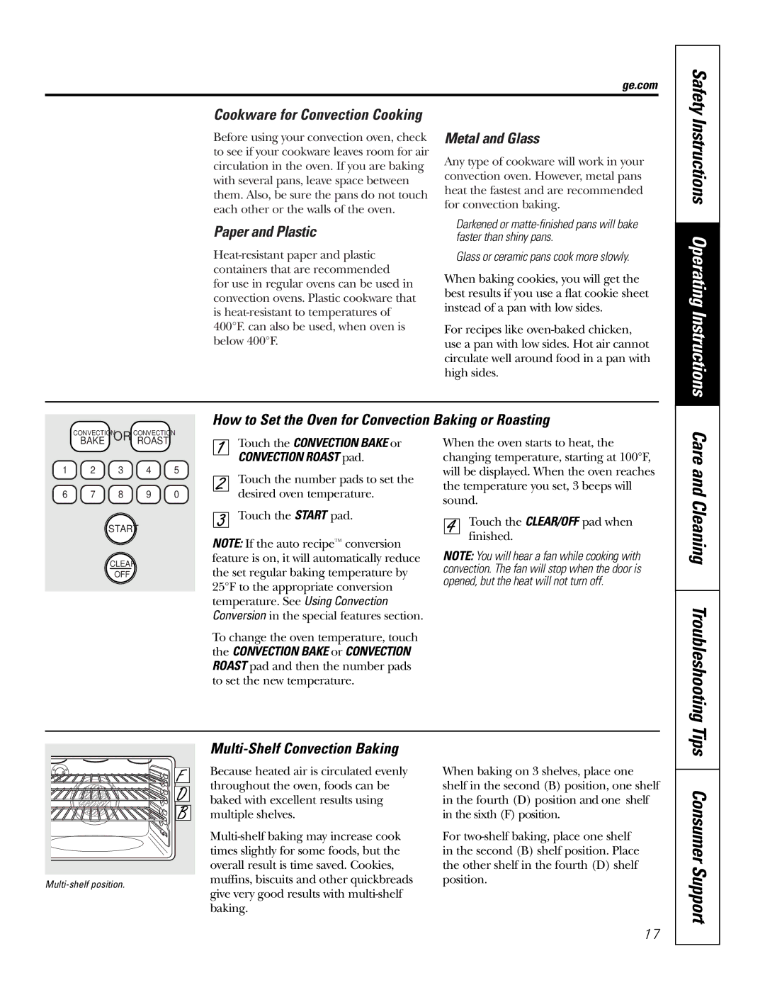 GE JBP74 owner manual Paper and Plastic, Metal and Glass, How to Set the Oven for Convection Baking or Roasting 