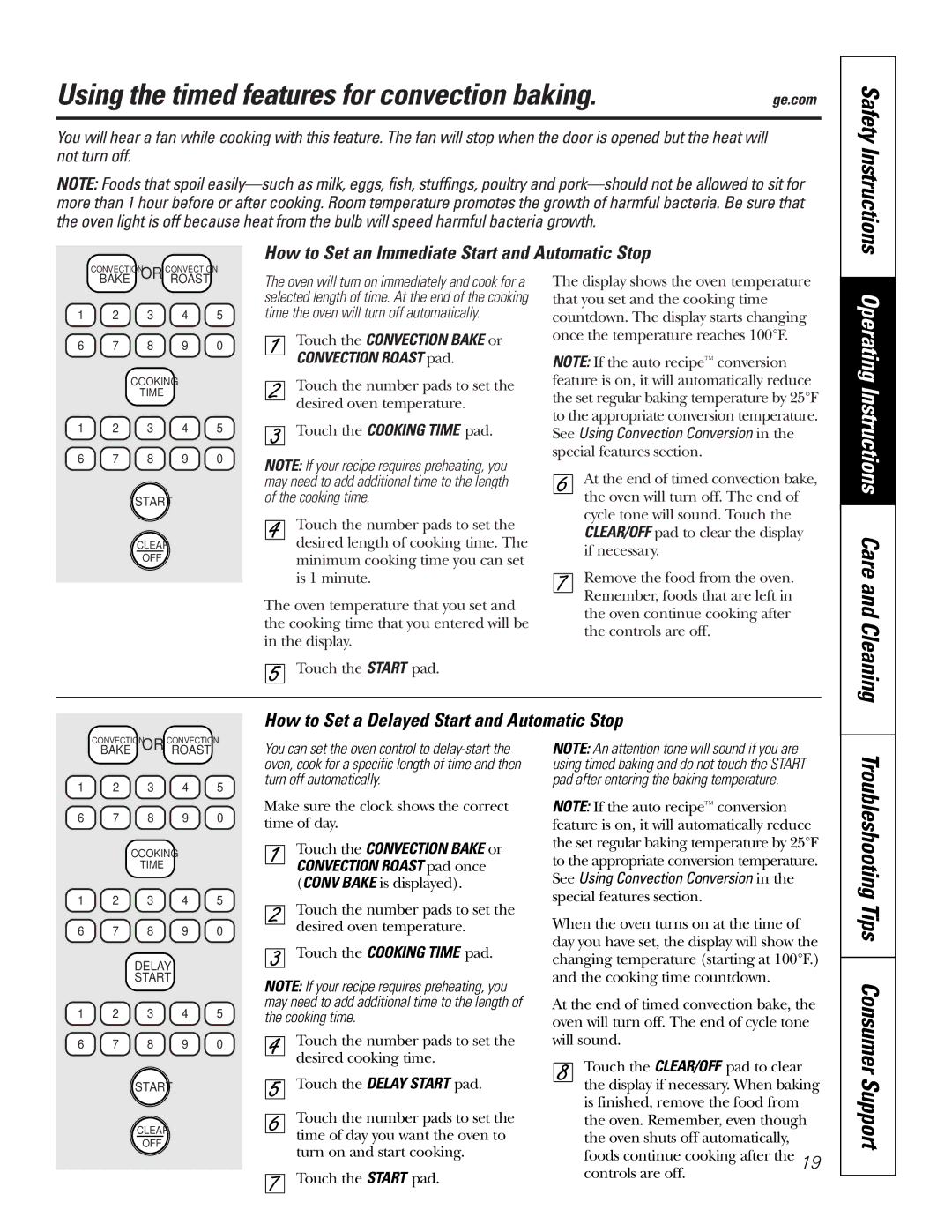 GE JBP74 Using the timed features for convection baking, Troubleshooting Tips Consumer Support, Safety Instructions 