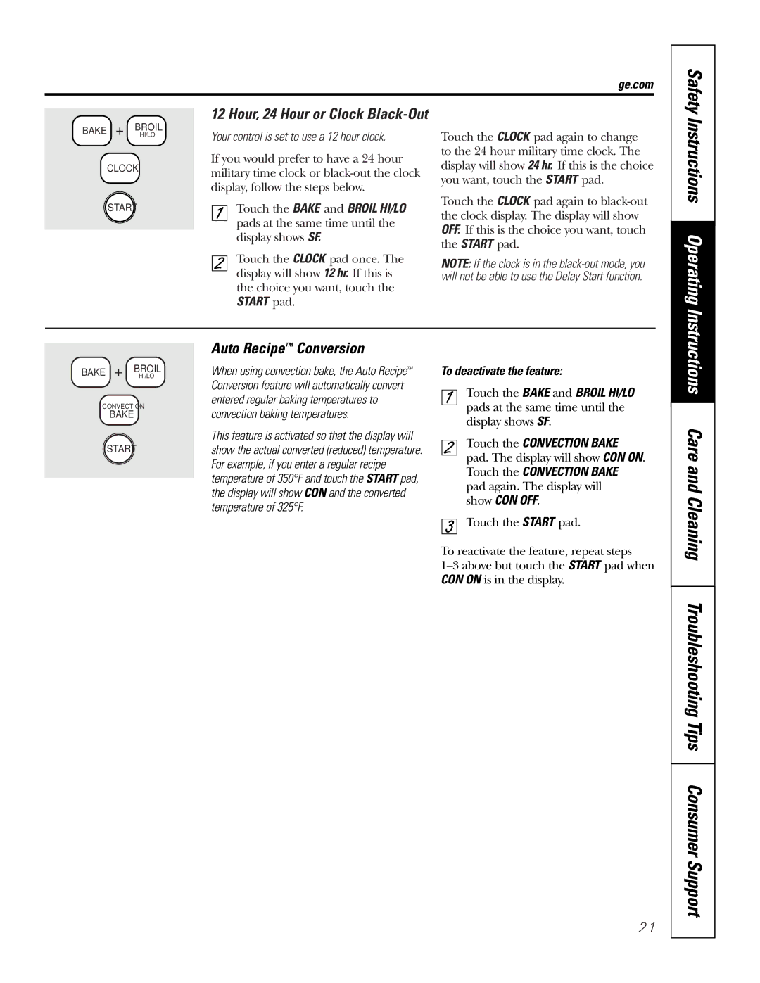 GE JBP74 owner manual Auto Recipe Conversion, Start pad, To deactivate the feature, Show CON OFF 