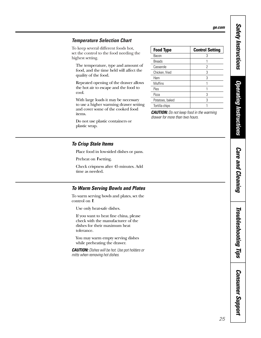 GE JBP74 Care and Cleaning Troubleshooting Tips Consumer Support, Temperature Selection Chart, To Crisp Stale Items 