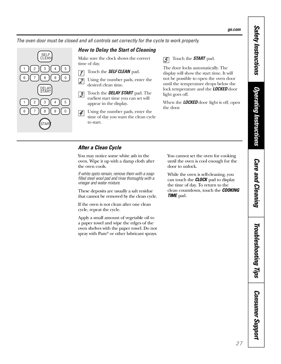 GE JBP74 owner manual After a Clean Cycle, How to Delay the Start of Cleaning 