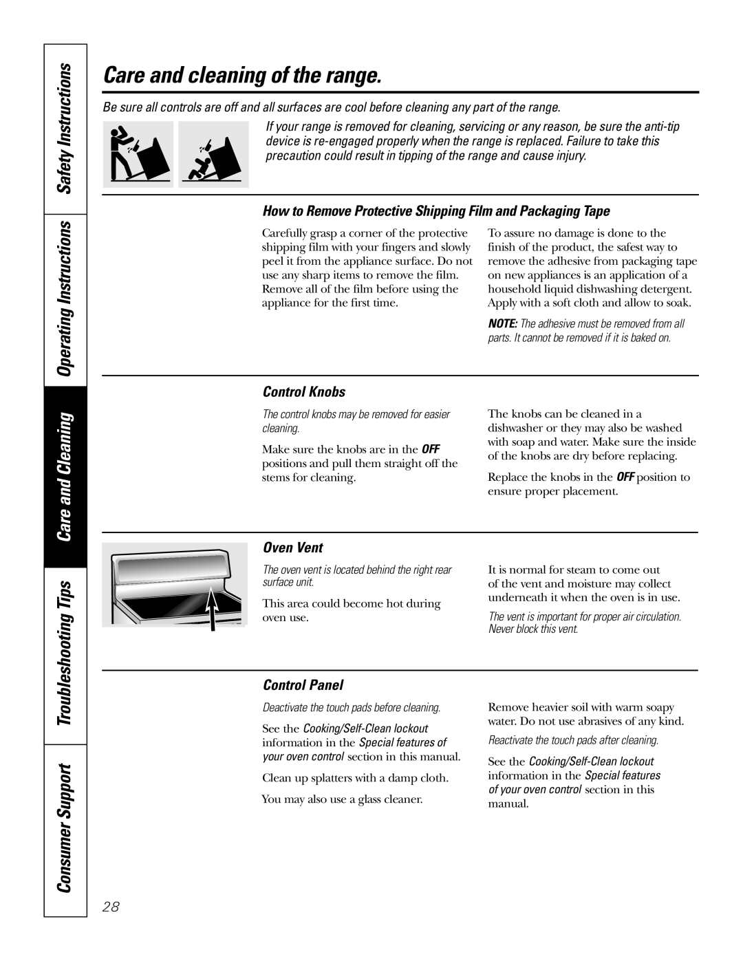 GE JBP74 owner manual Care and cleaning of the range, Operating Instructions 