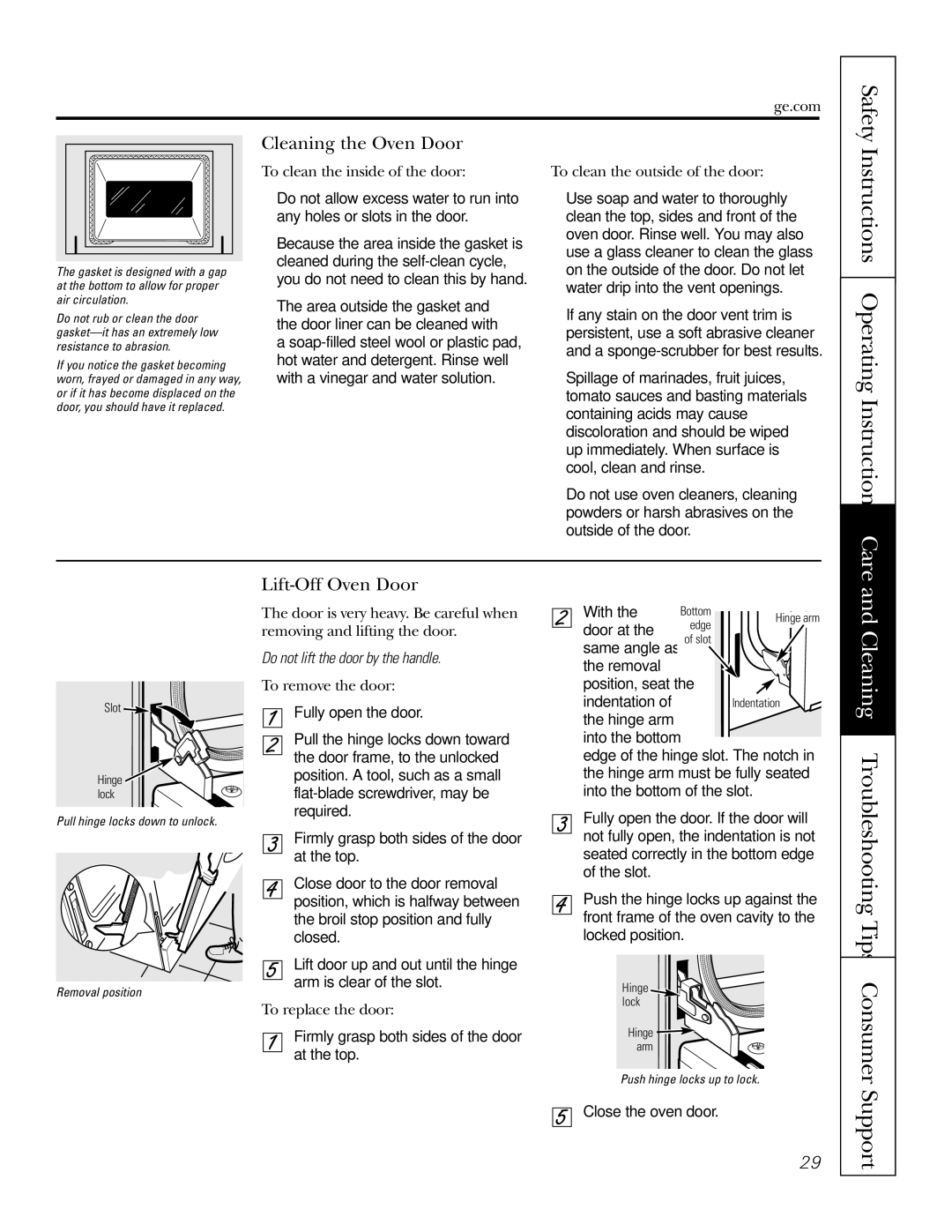 GE JBP74 owner manual Cleaning Troubleshooting Tips Consumer, Cleaning the Oven Door, Lift-Off Oven Door 