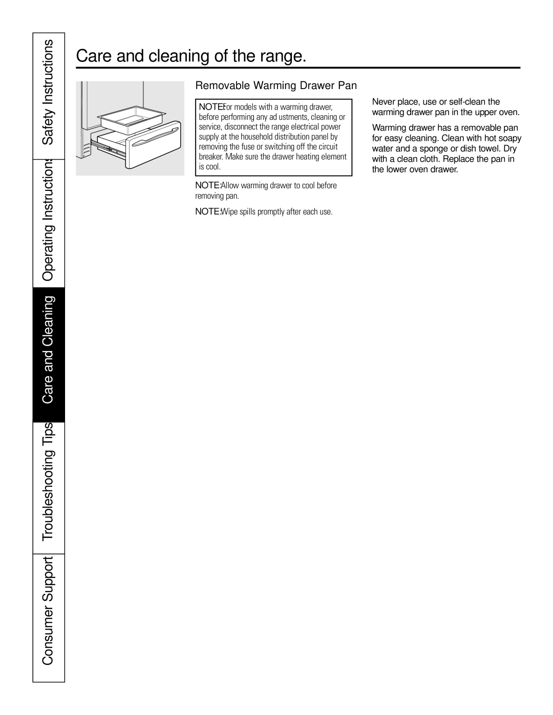 GE JBP74 owner manual Instructions, Removable Warming Drawer Pan 