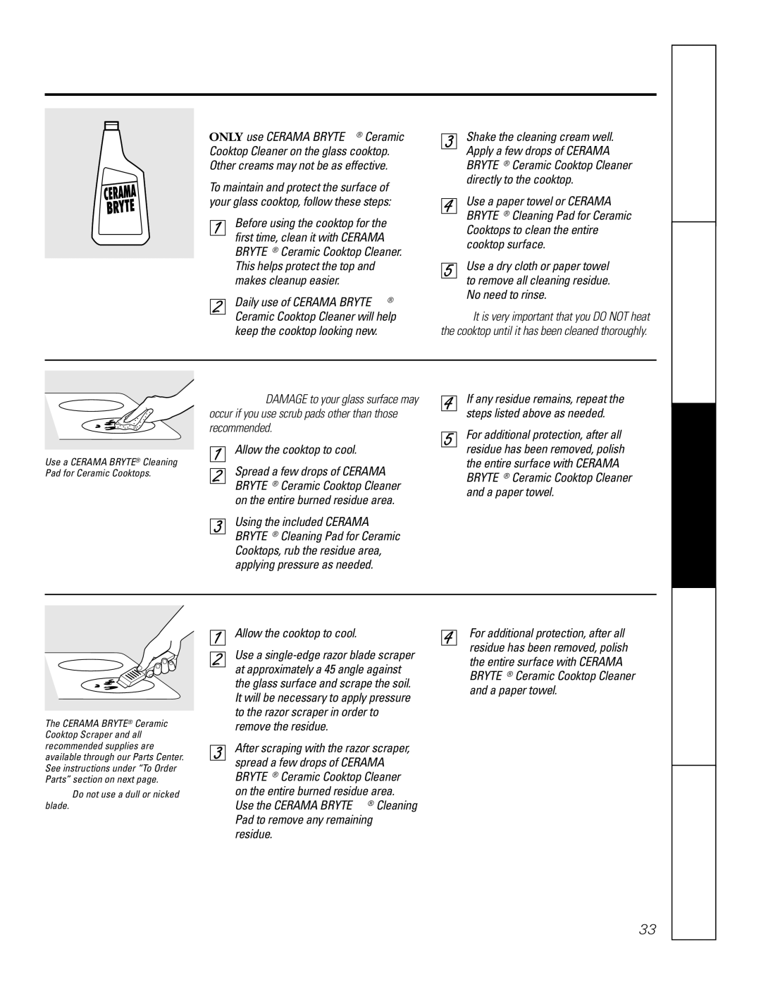 GE JBP74 Cleaning the glass cooktop, Normal Daily Use Cleaning, Instructions Operating Instructions, Burned-On Residue 