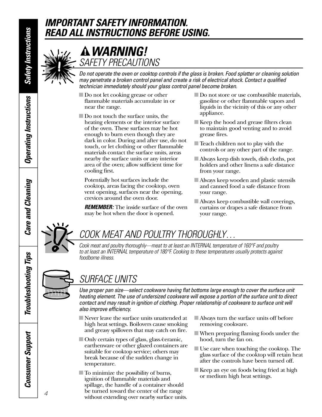 GE JBP74 owner manual Consumer Support, Cleaning Operating Instructions 