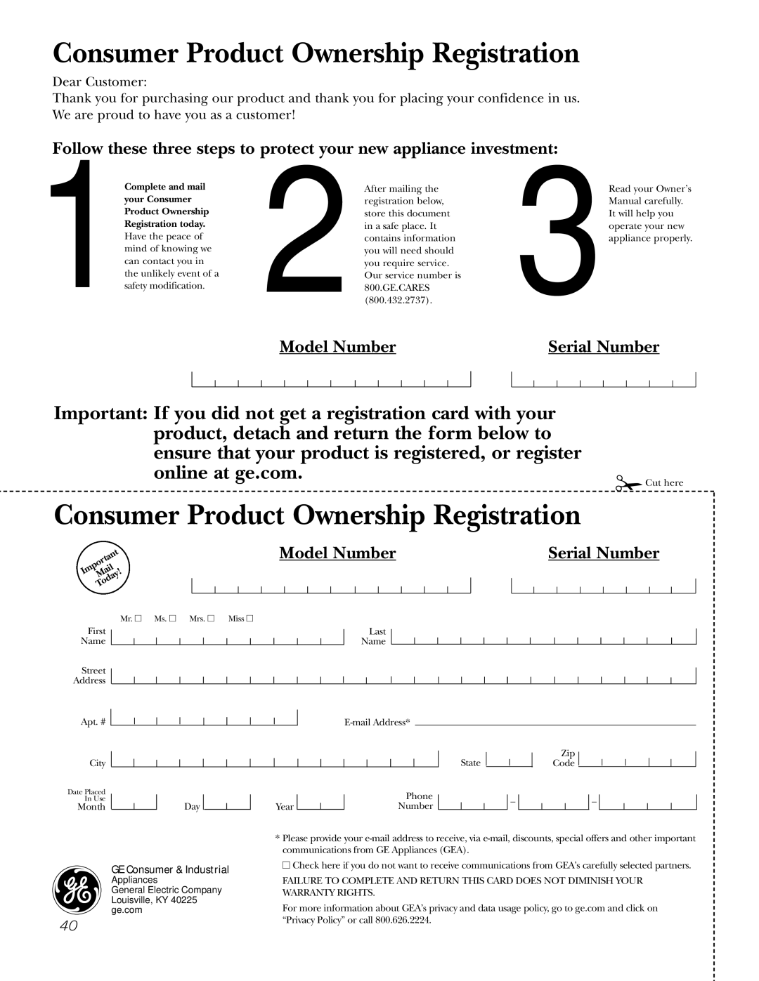 GE JBP74 owner manual Consumer Product Ownership Registration 