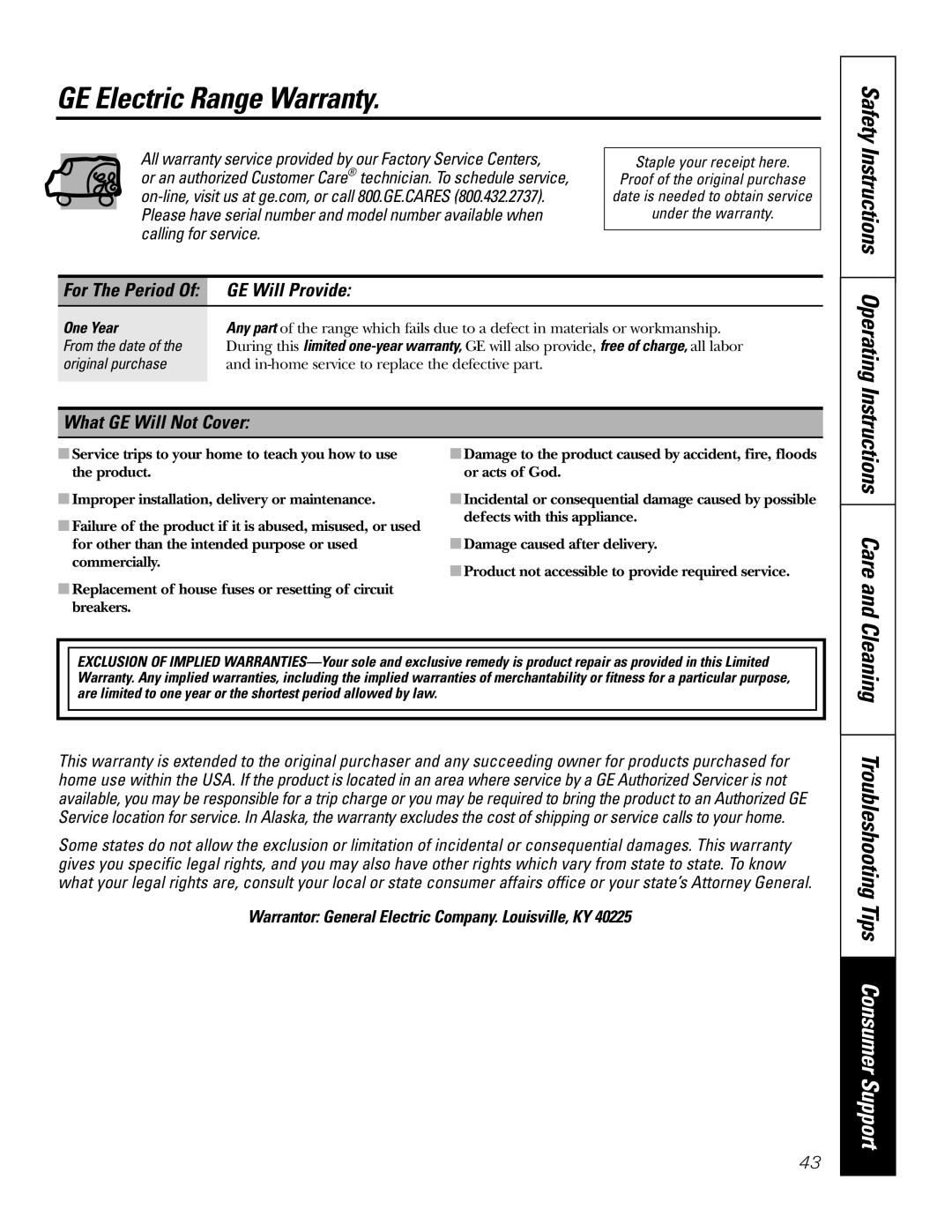 GE JBP74 owner manual GE Electric Range Warranty, Cleaning Troubleshooting Tips Consumer Support, GE Will Provide 