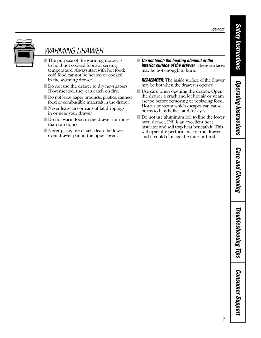 GE JBP74 owner manual Warming Drawer 