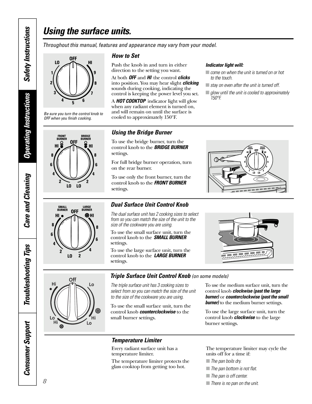 GE JBP74 Using the surface units, Instructions, Support, Consumer, Troubleshooting Tips Care and Cleaning Operating 