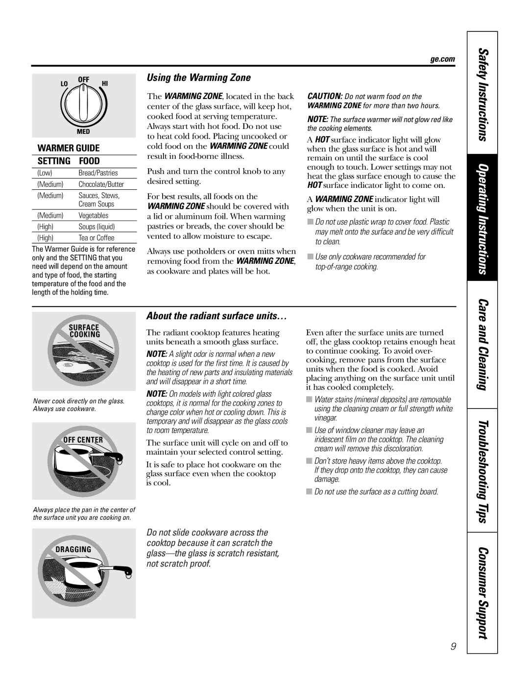 GE JBP74 owner manual Using the Warming Zone, About the radiant surface units…, Ge.com Safety 