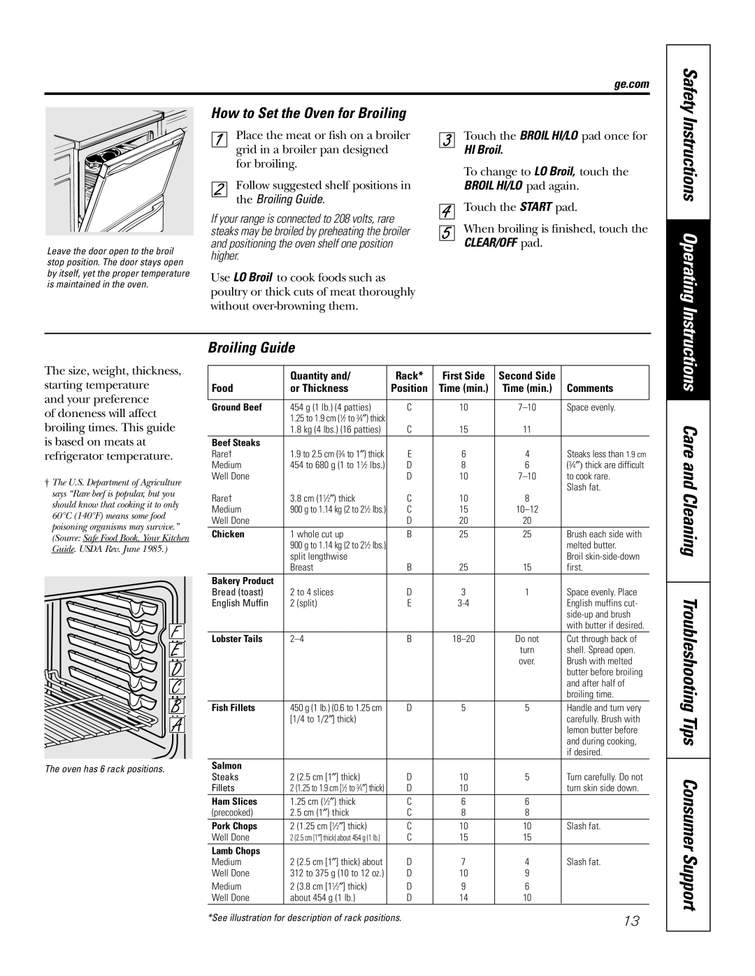 GE JBP74 owner manual Instructions Operating, How to Set the Oven for Broiling, Safety, the Broiling Guide 