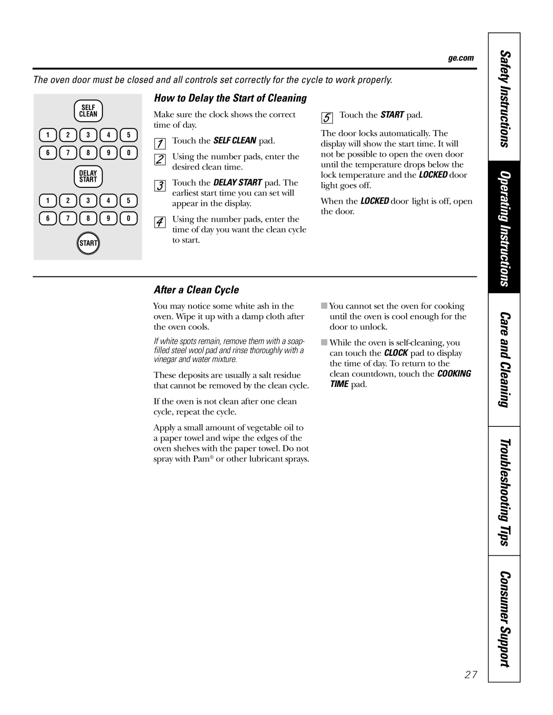 GE JBP74 owner manual Instructions Operating Instructions, After a Clean Cycle, How to Delay the Start of Cleaning, Safety 