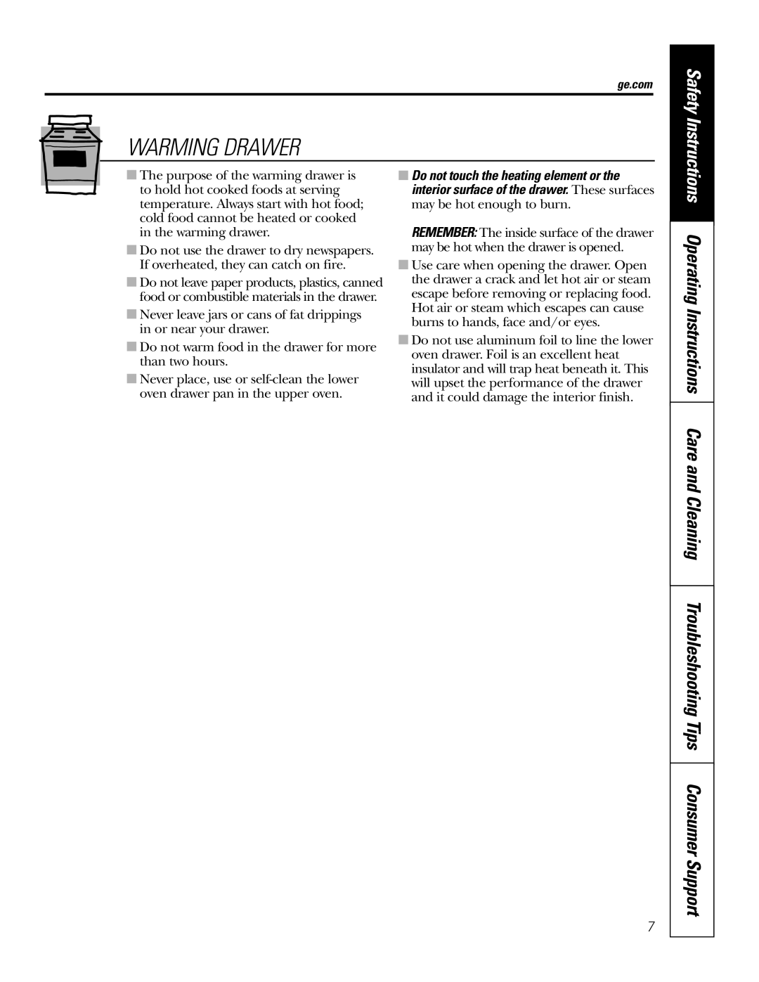 GE JBP74 owner manual Warming Drawer, Safety Instructions 