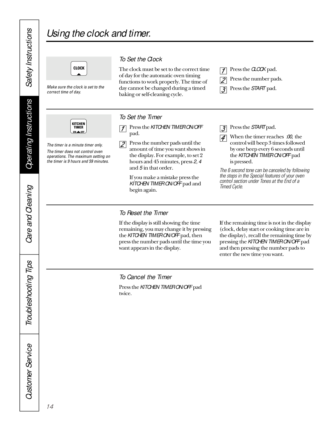 GE JBP79 owner manual Using the clock and timer, Customer Service Troubleshooting Tips Care 