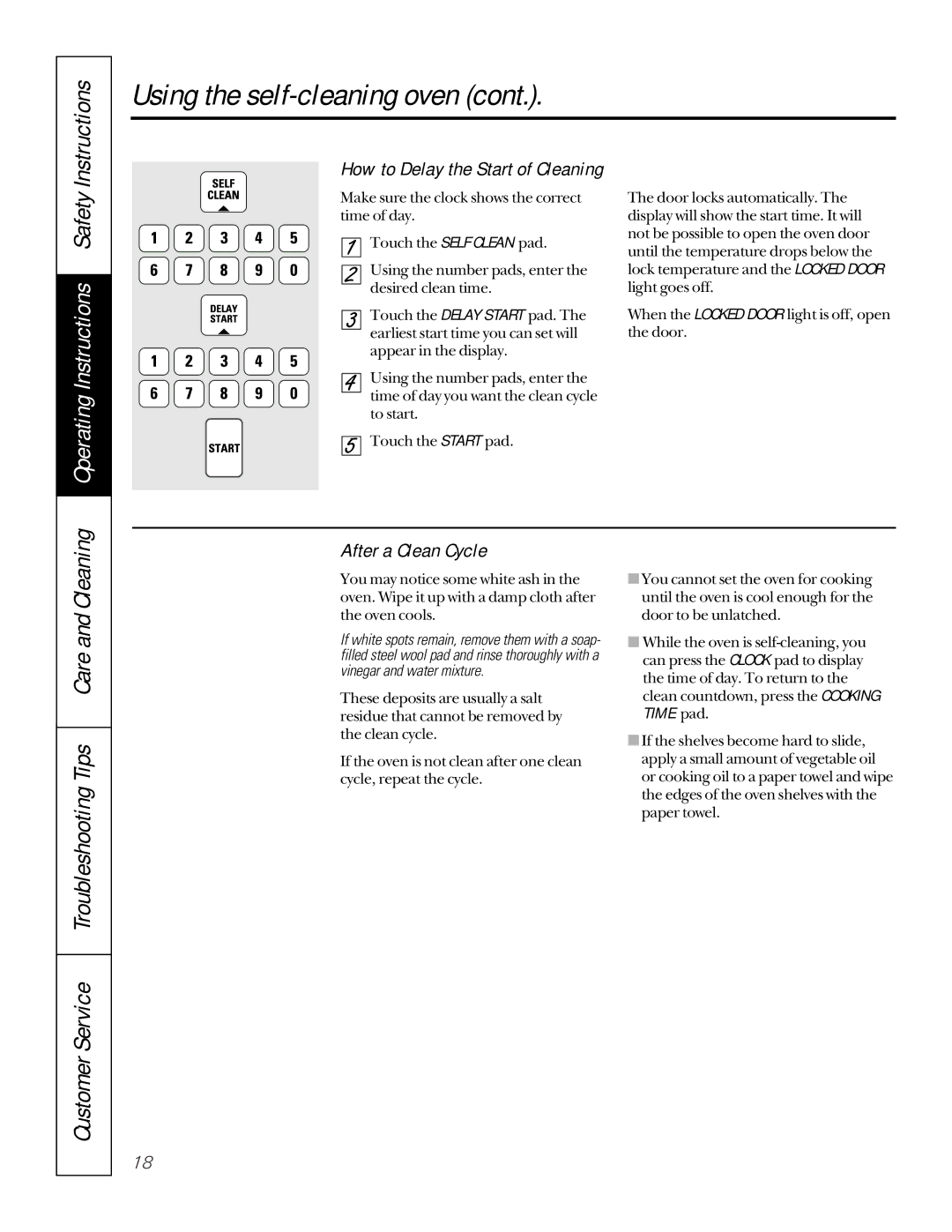 GE JBP79 Customer Service Troubleshooting Tips Care and Cleaning, After a Clean Cycle, How to Delay the Start of Cleaning 