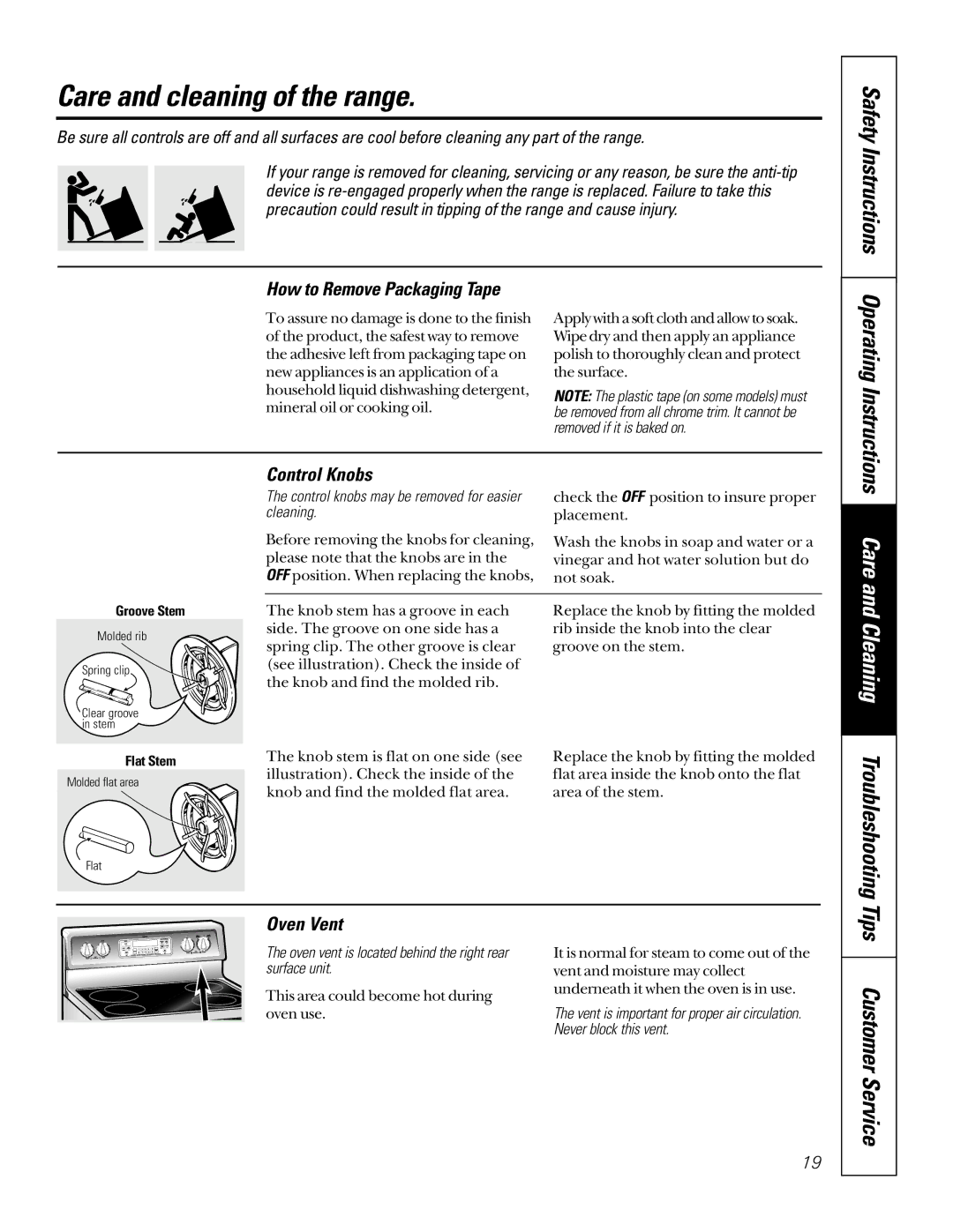 GE JBP79 owner manual Care and cleaning of the range, How to Remove Packaging Tape, Control Knobs, Oven Vent 