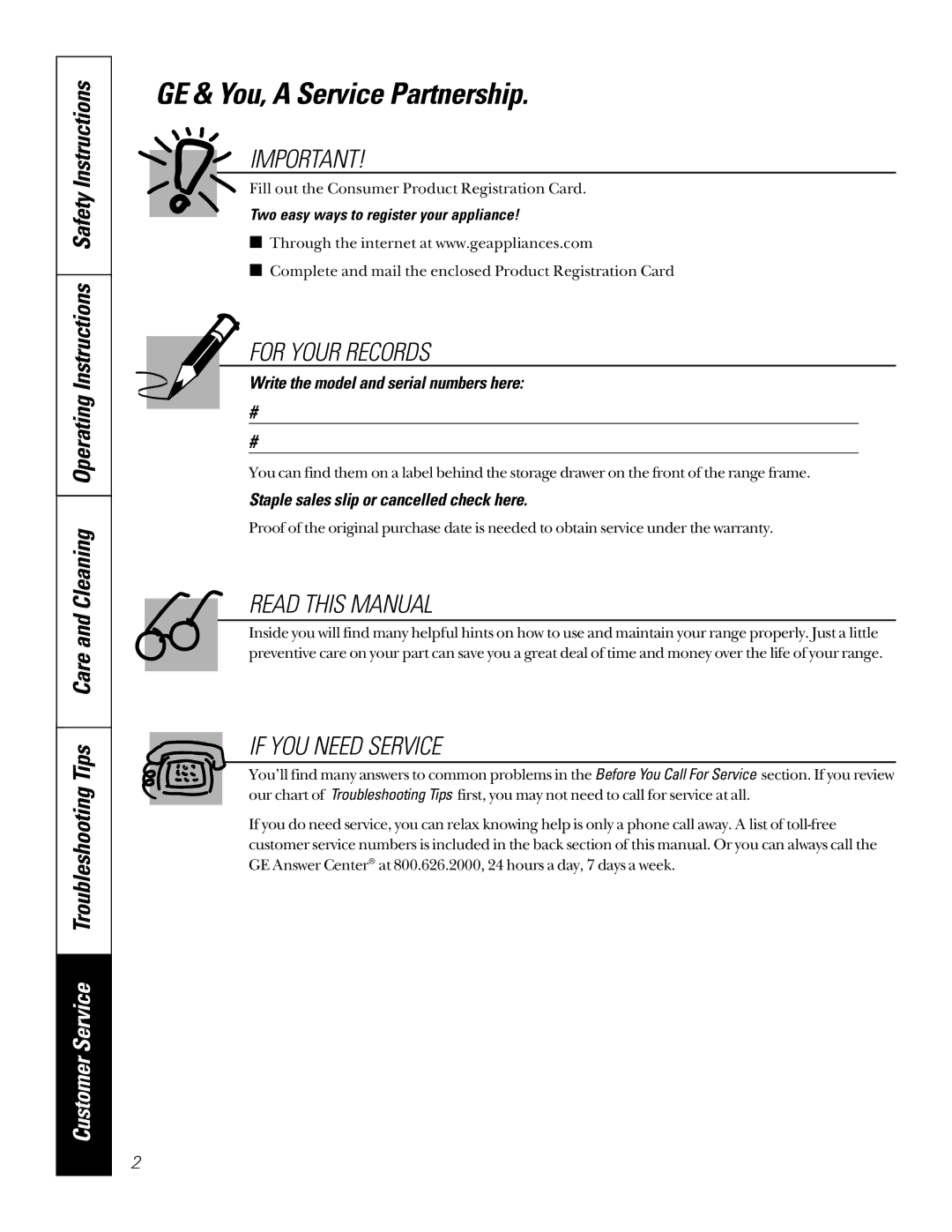 GE JBP79 owner manual GE & You, a Service Partnership, Write the model and serial numbers here 