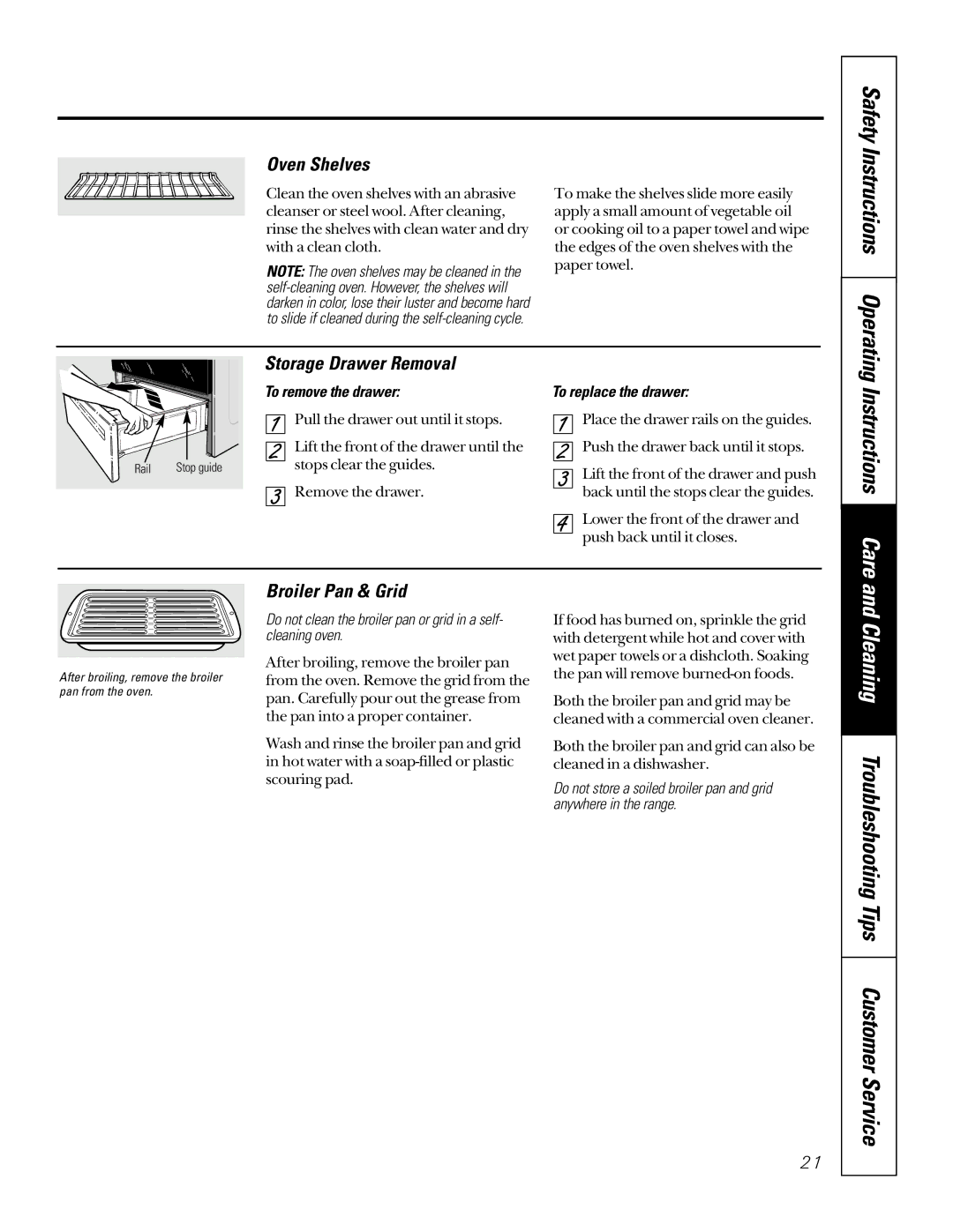 GE JBP79 owner manual Oven Shelves, Storage Drawer Removal, Broiler Pan & Grid, To remove the drawer 