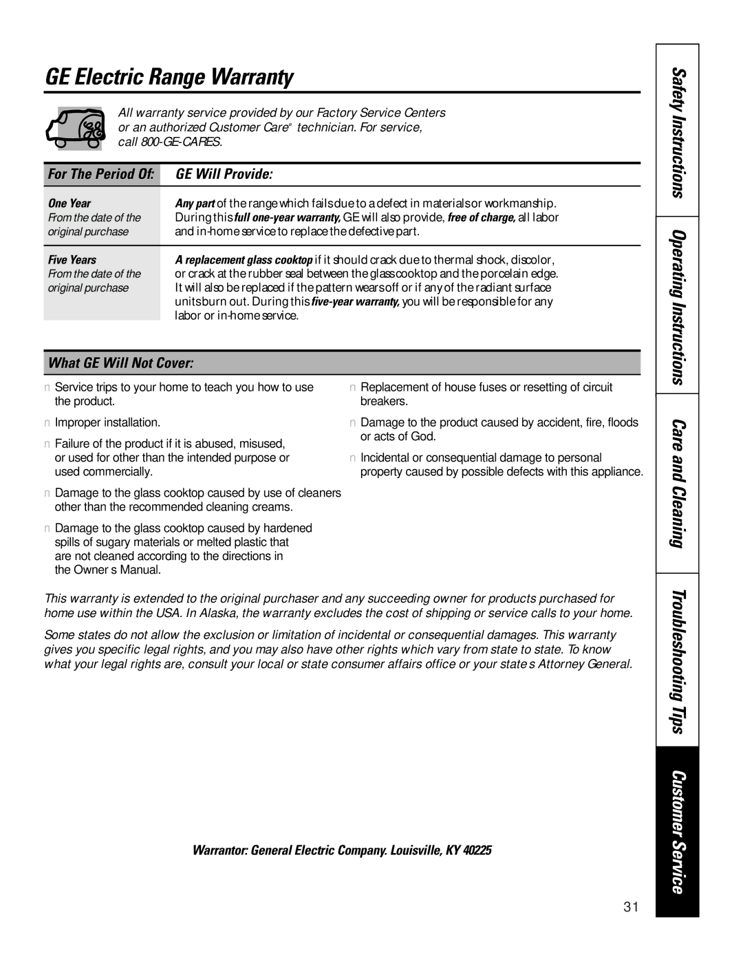 GE JBP79 GE Electric Range Warranty, Troubleshooting Tips Customer Service, GE Will Provide, What GE Will Not Cover 