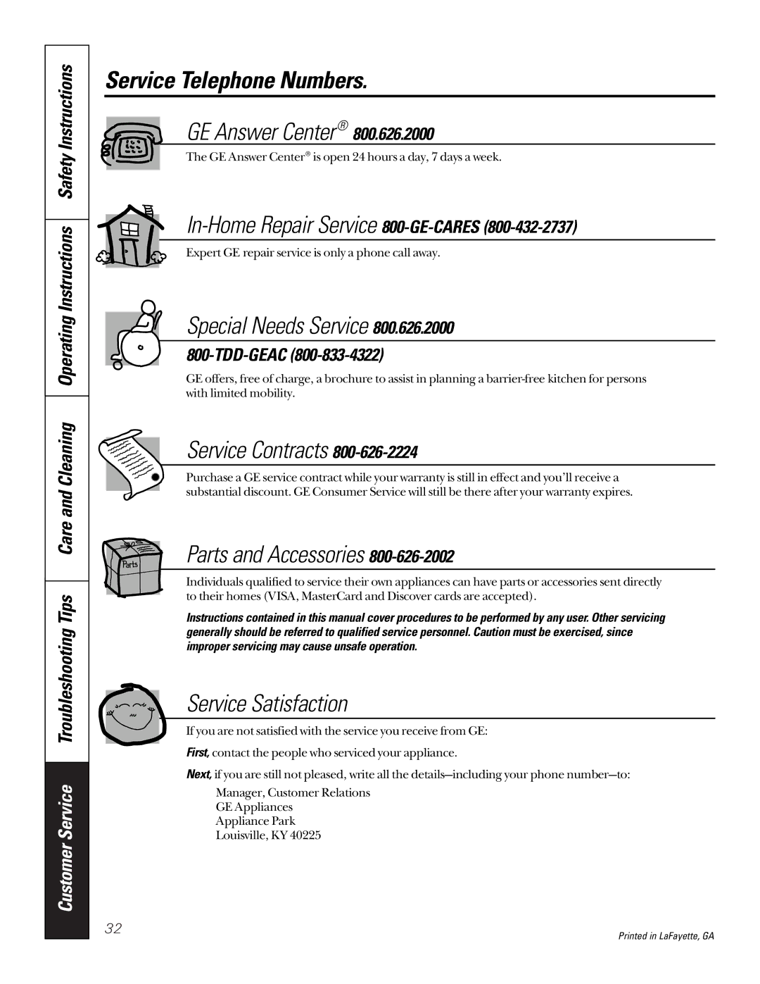 GE JBP79 owner manual Service Telephone Numbers, GE Answer Center 