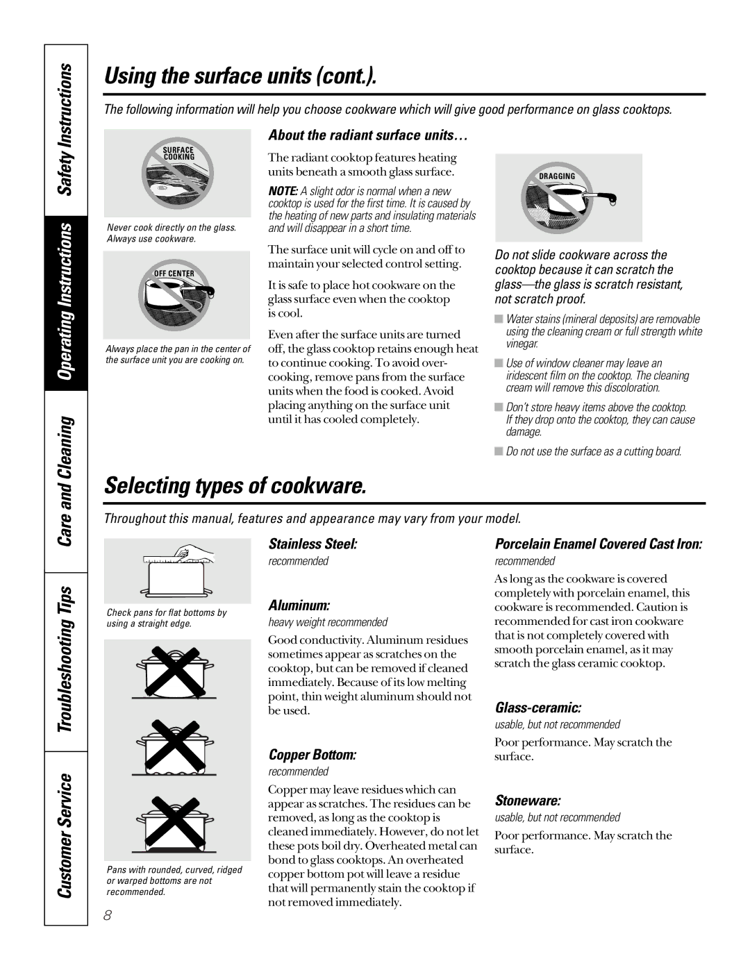 GE JBP79 owner manual Selecting types of cookware, Safety Instructions, Customer Service Troubleshooting Tips 